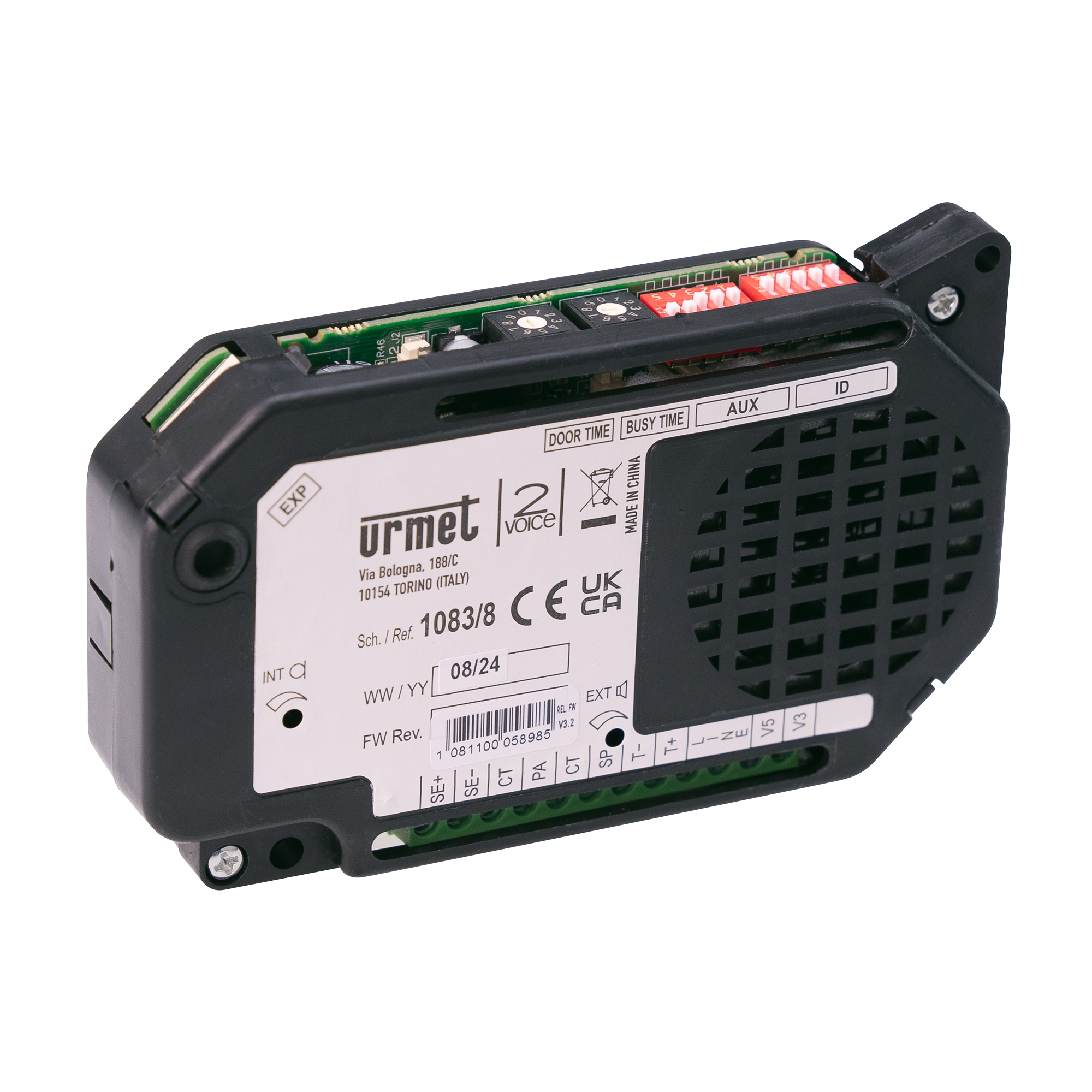 Urmet Türlautsprecher 1083/8 in schwarzem Gehäuse mit Lüftungsgitter, Anschlussklemmen, DIP-Schaltern und CE-Logo.
