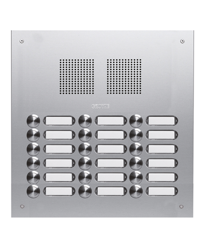 ROBUSTA Aluminium-Türstation mit Namensschildern und Klingelknöpfen in drei Reihen; darüber ist das Lautsprechergitter zu sehen