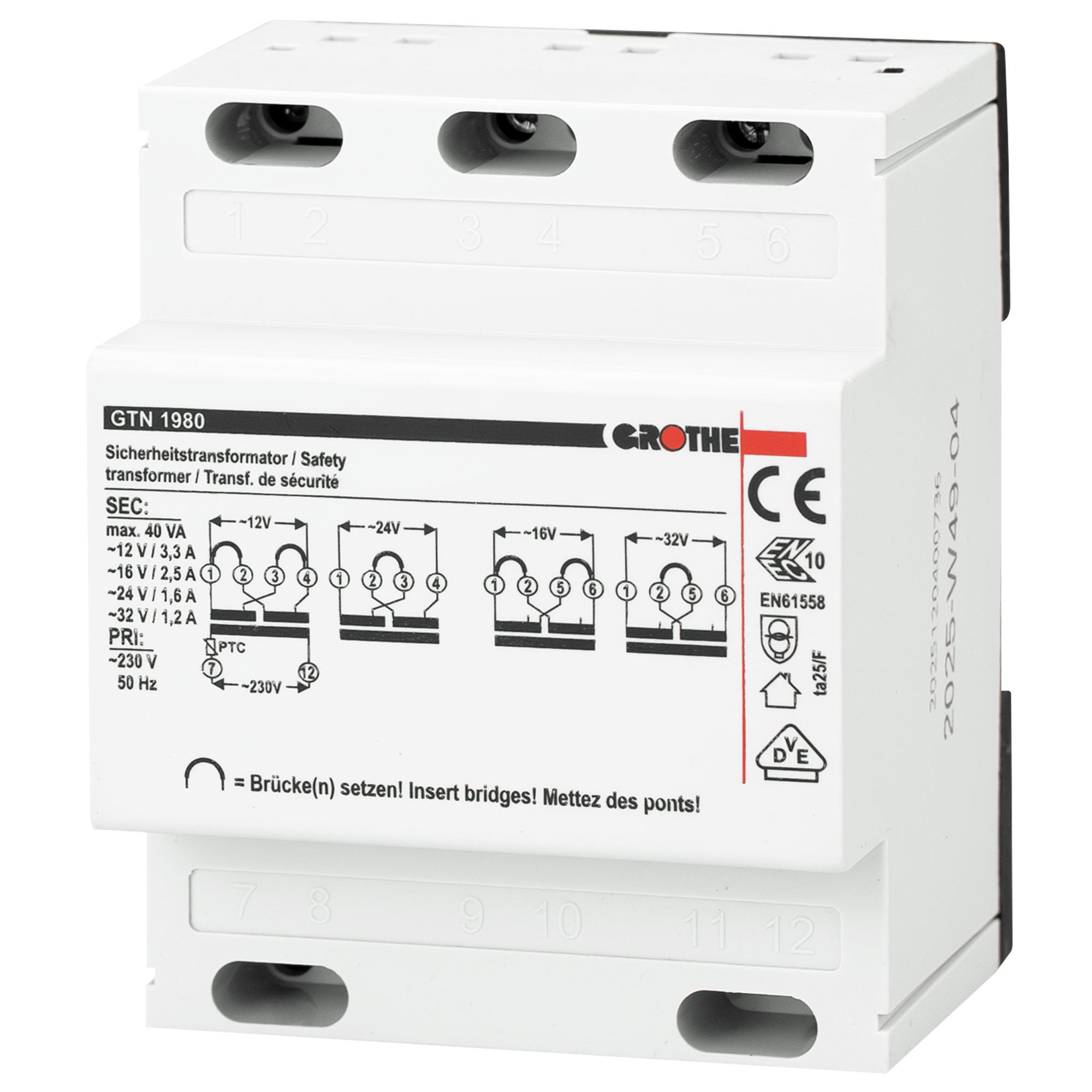 Weißer Sicherheitstransformator mit Aufdruck ‚GTN 1980‘ von Grothe, Anschlussklemmen oben und unten, technische Zeichnungen auf der Front