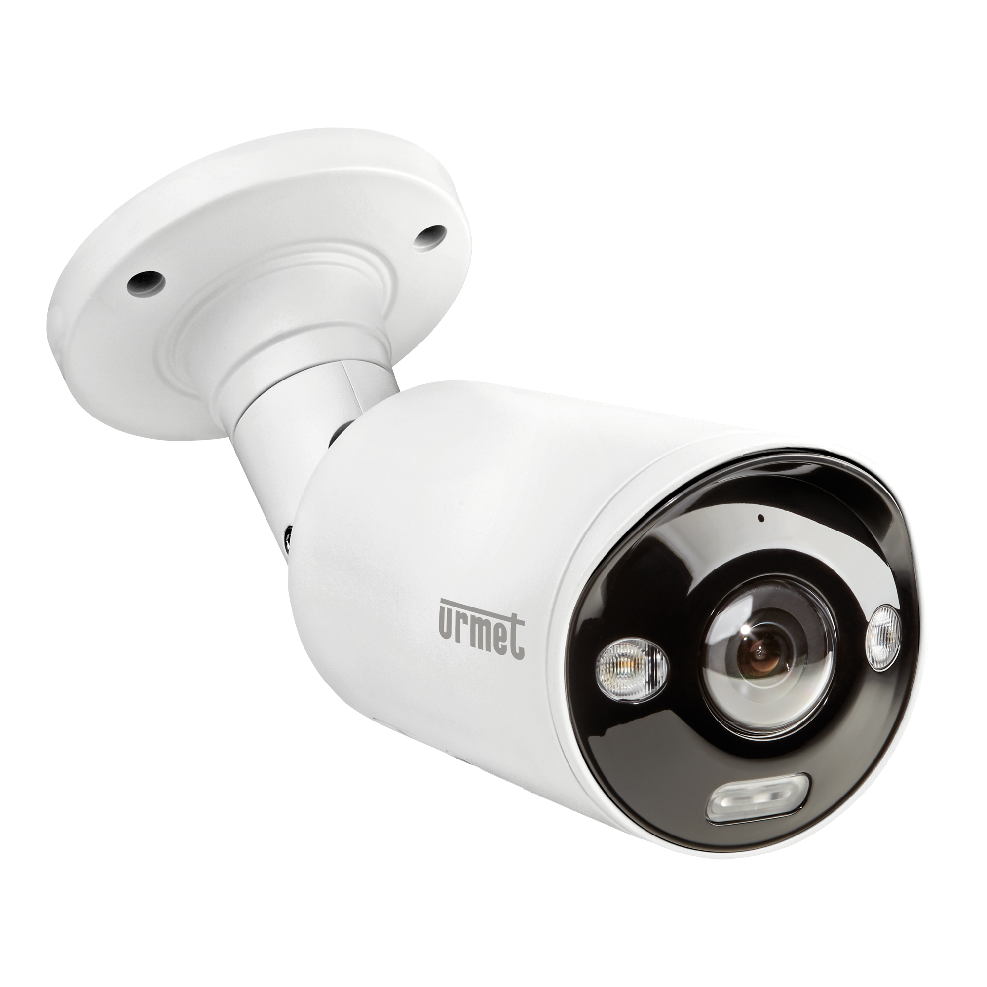 Bullet-Kamera mit glänzend schwarzer Front, zentralem Objektiv und zwei LEDs, schräg von vorn fotografiert