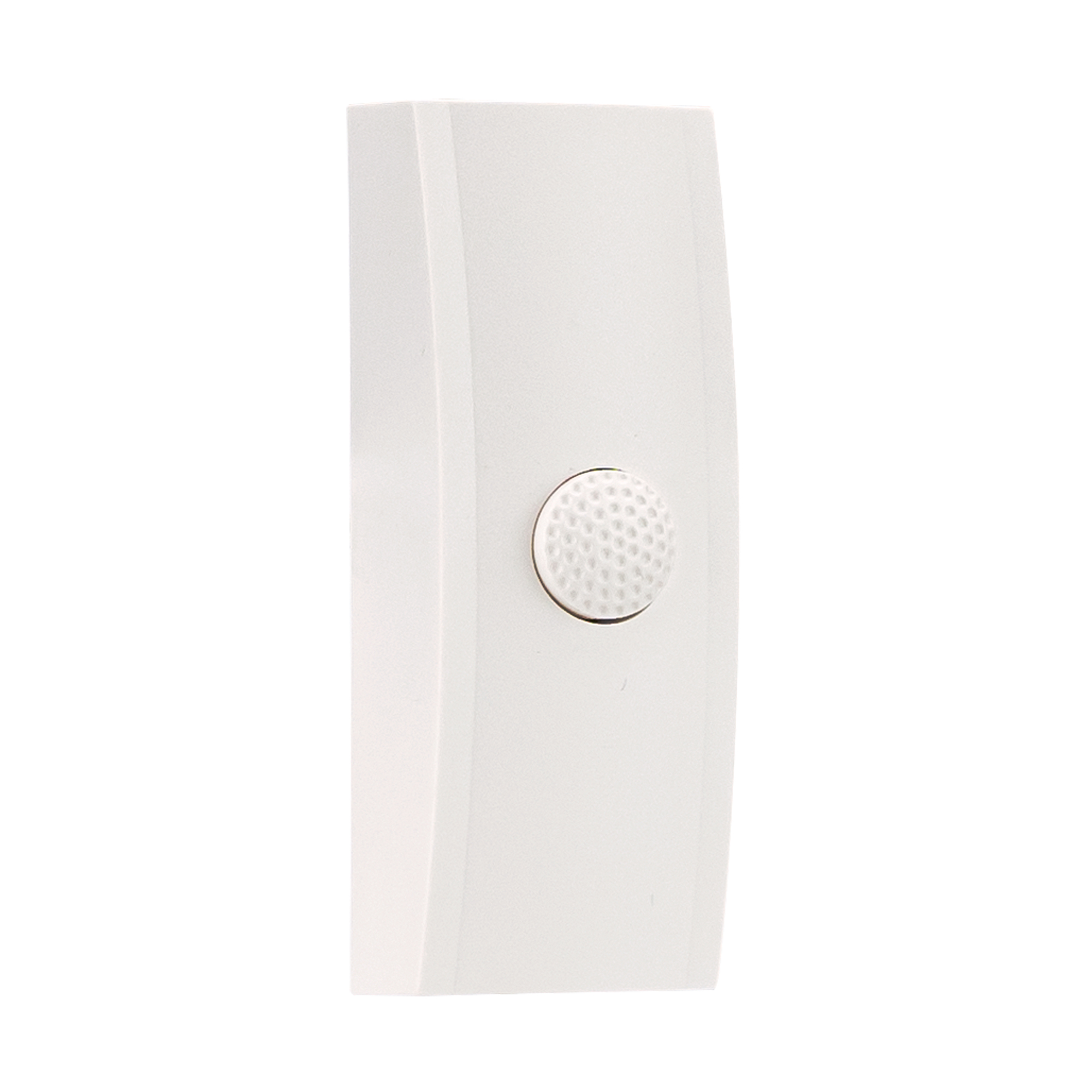 Weißer Klingeltaster mit rechteckigem Gehäuse und geriffeltem Rundknopf, Vorderansicht frontal aufgenommen.