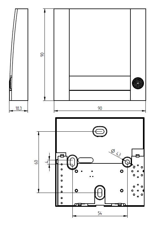 Klingeltaster mit großer weißer Front, unten rechts schwarzer Druckknopf, darunter ein horizontaler Namensschild-Einsatz