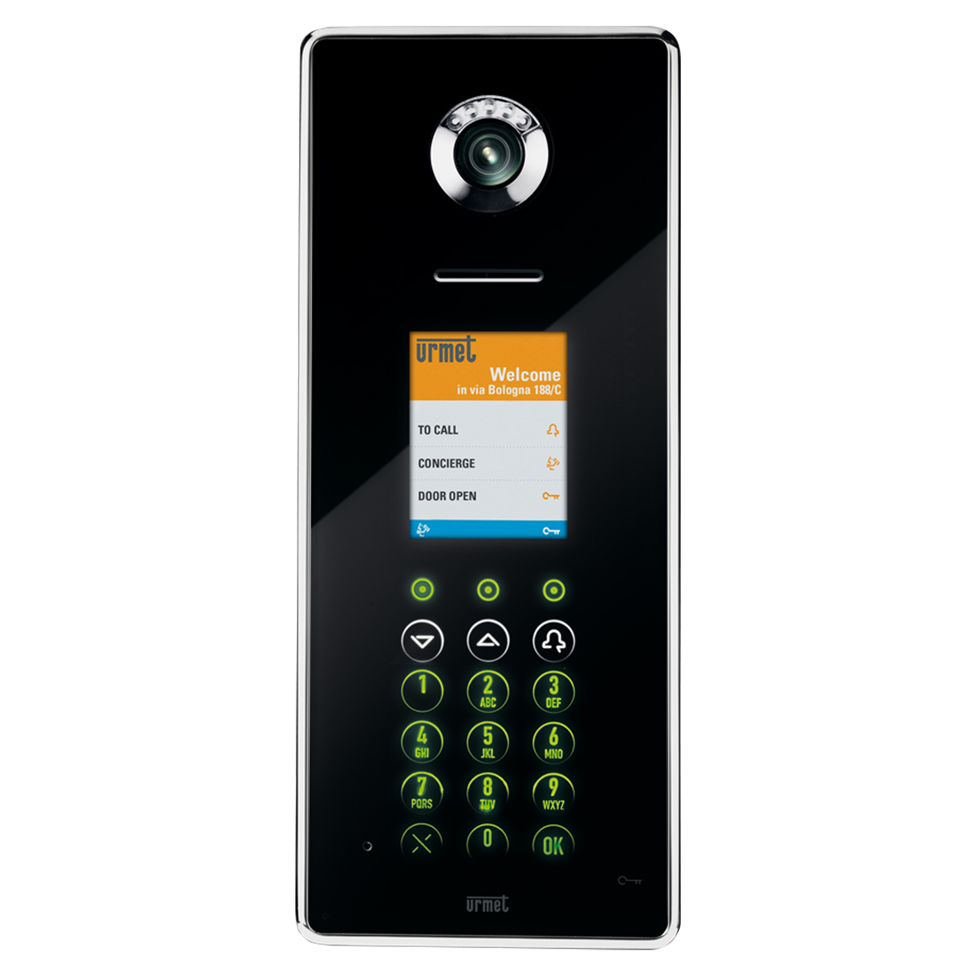 Schwarze Türstation mit Kamera, Farbdisplay und beleuchteter Tastatur, Glasfront, Bedienknöpfe und Urmet-Logo unten.