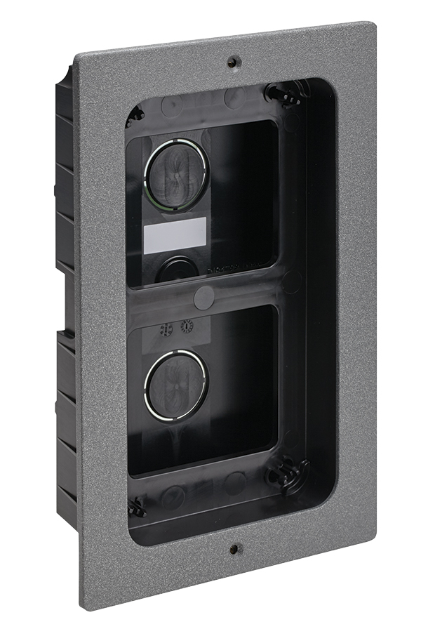 Graues Unterputz-Gehäuse mit Rahmen für die MIKRA Türstation
