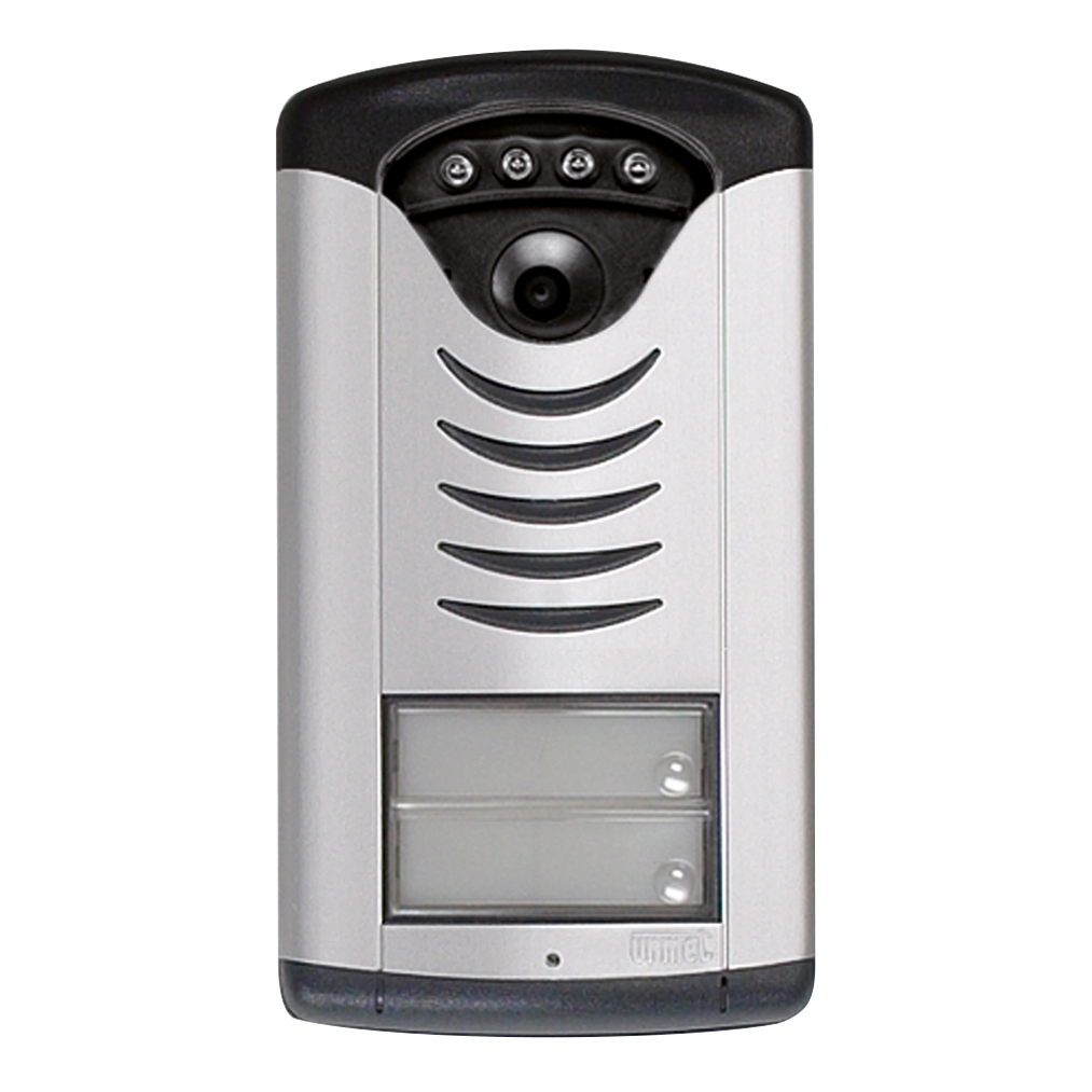 Silberne Türstation mit Kamera, vier IR-LEDs, Lautsprecheröffnungen, zwei Namensschildern und Klingeltasten.