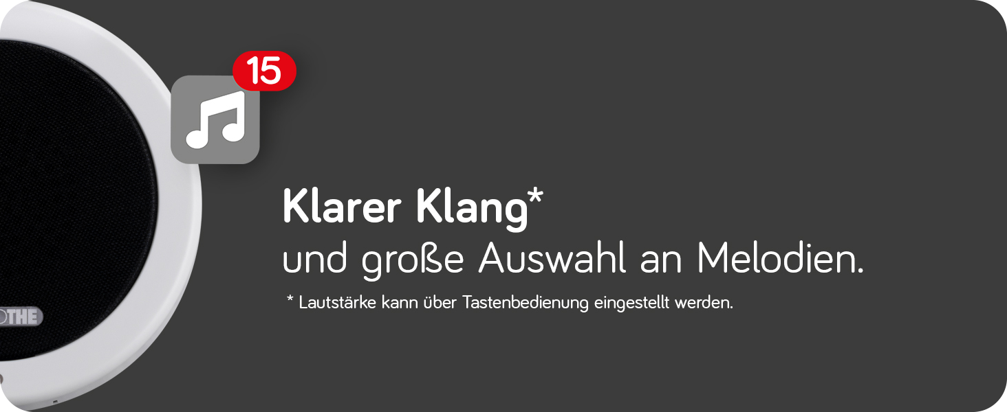 Links angeschnitten ist der CALIMA 100 zu sehen; daneben steht "Klarer Klang und große Auswahl an Melodien. Lautstärke kann über Tastenbedienung eingestellt werden."