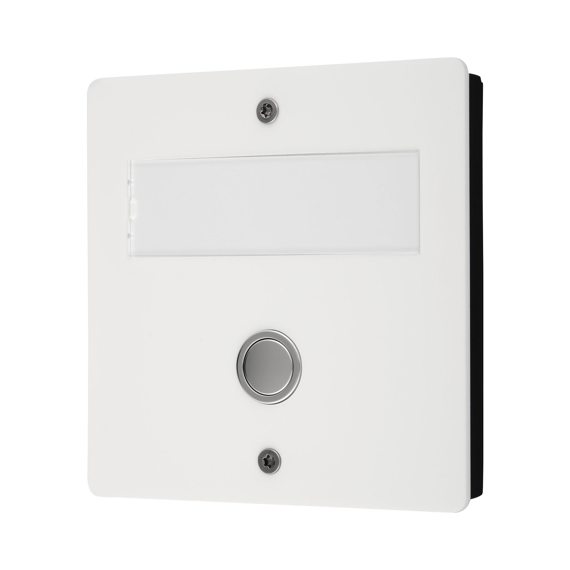 Quadratische Funk-Klingelplatte in Weiß mit Namensfeld und runder Edelstahltaste, schräge Frontalansicht.