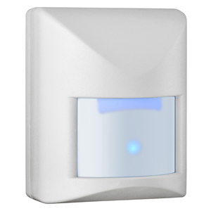 Weißer Bewegungsmelder mit blau leuchtender LED-Anzeige auf der Sensorfläche