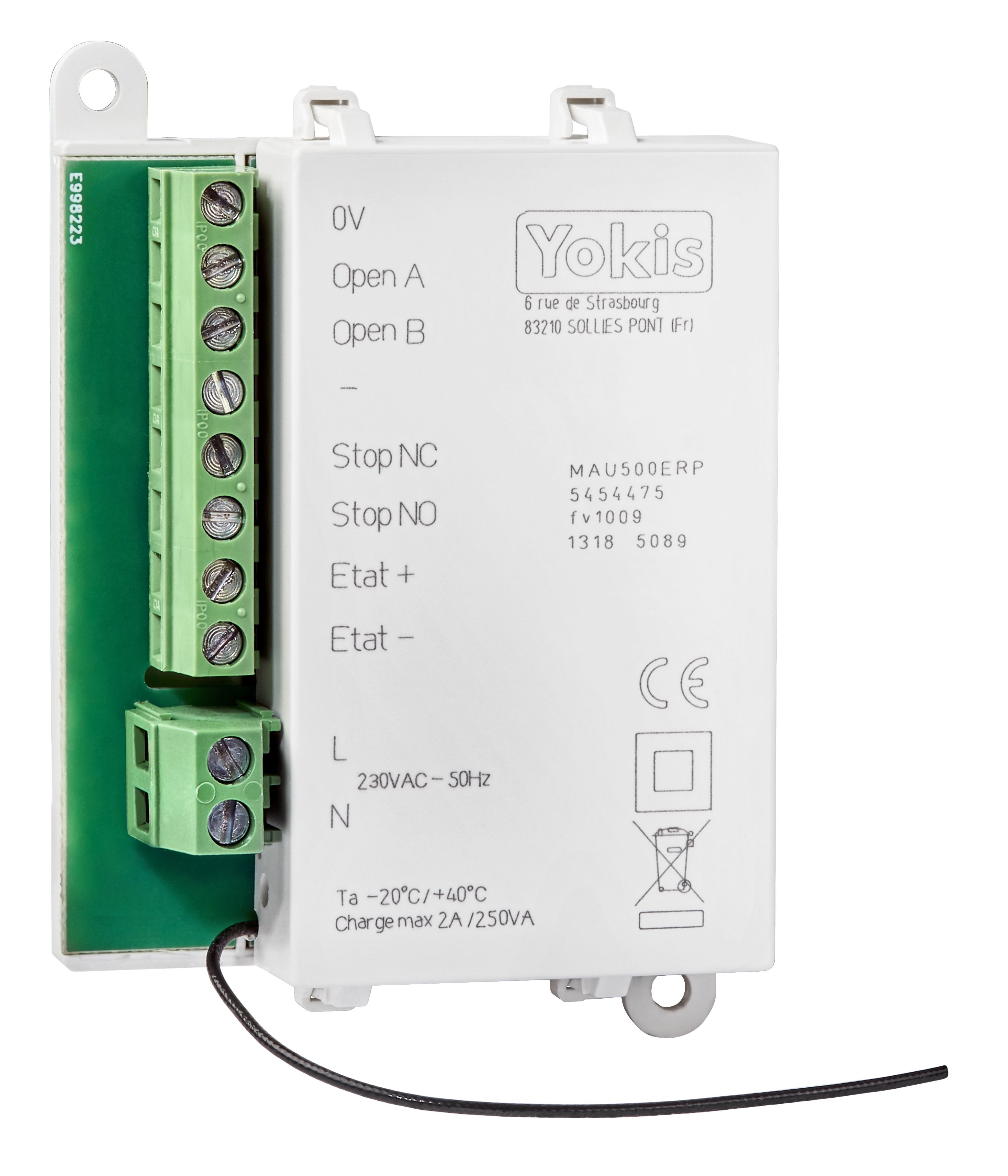 Weißes Torantriebsmodul mit grüner Schraubklemme, Antennenkabel und seitlich bedrucktem Anschlussplan.