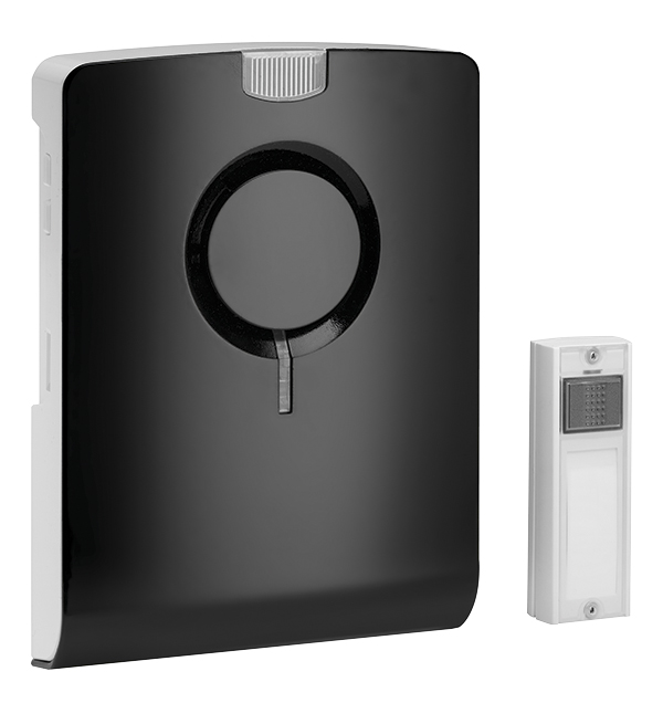 Funkgong-Set mit schwarzem, glänzenden Gong in modernem Design und passendem weißen Funktaster, leicht schräge Frontansicht.