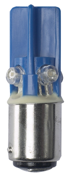 LED-Leuchtmittel mit blauer Kunststoffoberseite, zwei sichtbaren LED-Dioden und Metall-Bajonettfassung