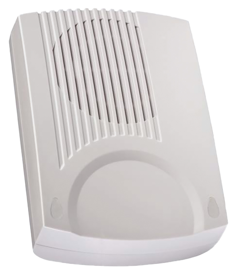 Weiße Innensirene mit vertikalen Lüftungsschlitzen und abgerundeter Gehäuseform