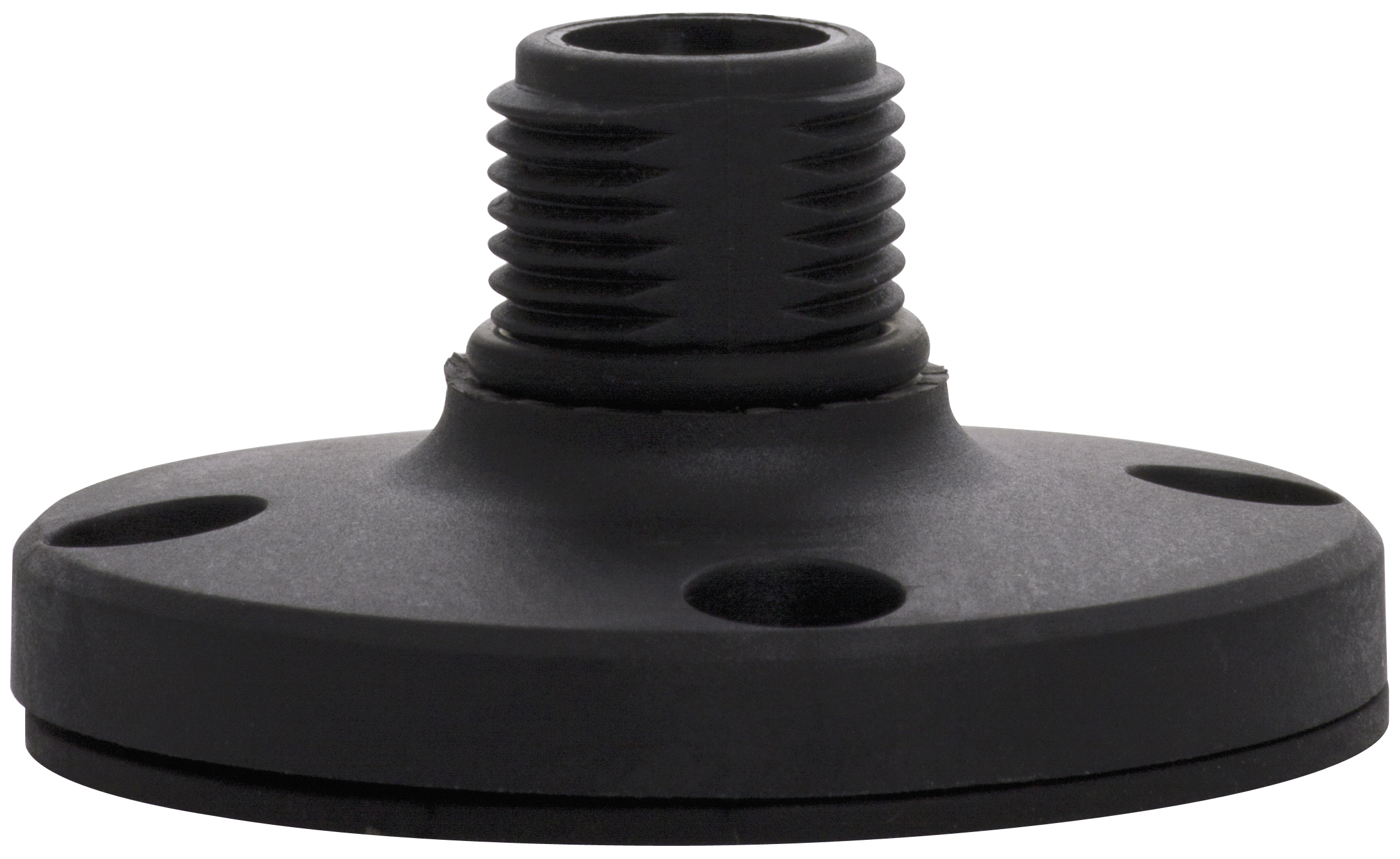 Schwarzer Montagesockel mit runder Basisplatte, vier Montagebohrungen und zentralem Gewindeschaft zur Befestigung