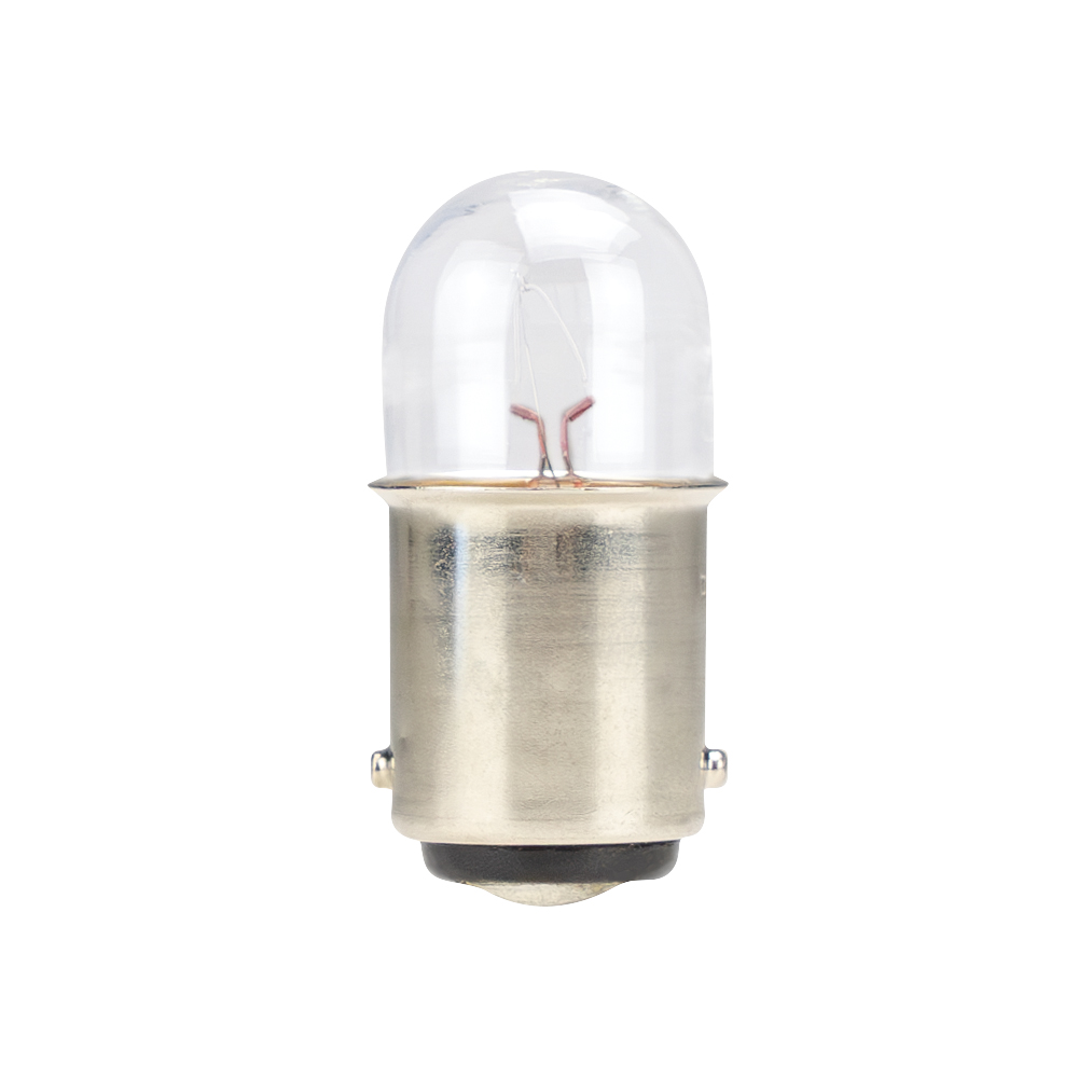 Glühlampe mit transparentem halbkugelförmigem Glas und Metall-Bajonettfassung mit seitlichen Kontakten