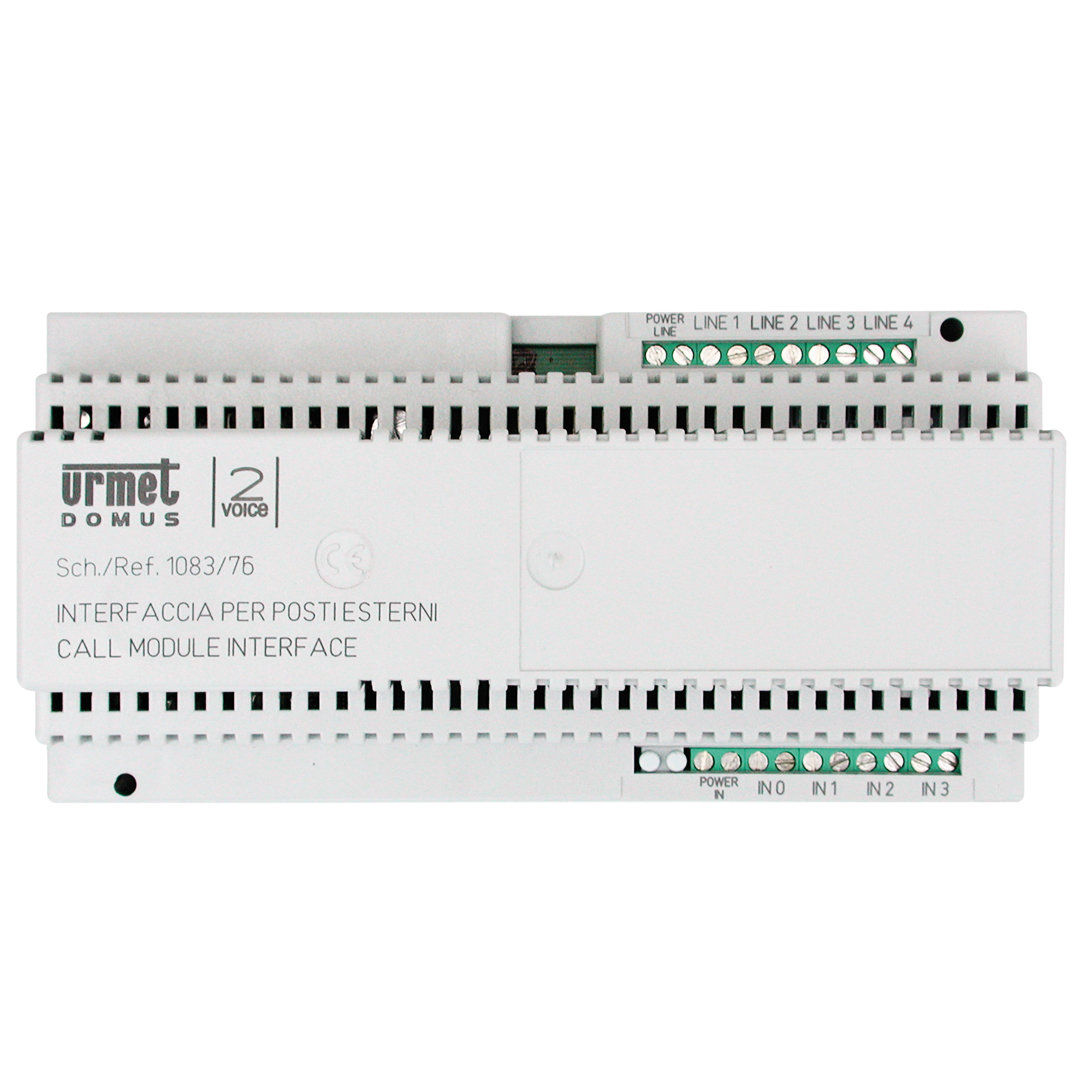 Weißes Türstations-Schnittstelle von Urmet für Hutschienenmontage, mit grünen Anschlussklemmen und Beschriftung.