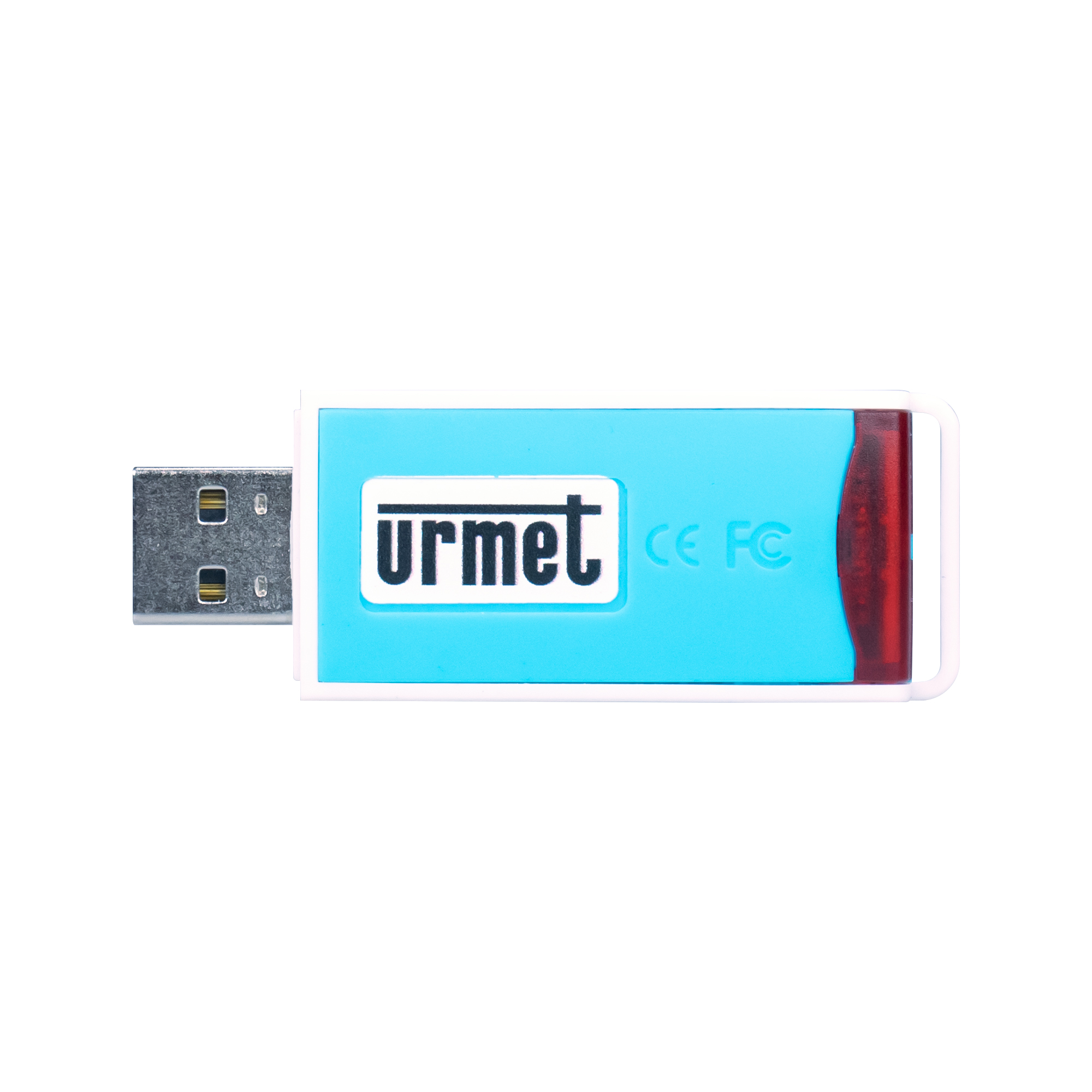 USB-Stick mit blauem Gehäuse, roter Kappe und Urmet-Logo, Ansicht von oben mit sichtbarem Stecker und CE-/FCC-Kennzeichnung.