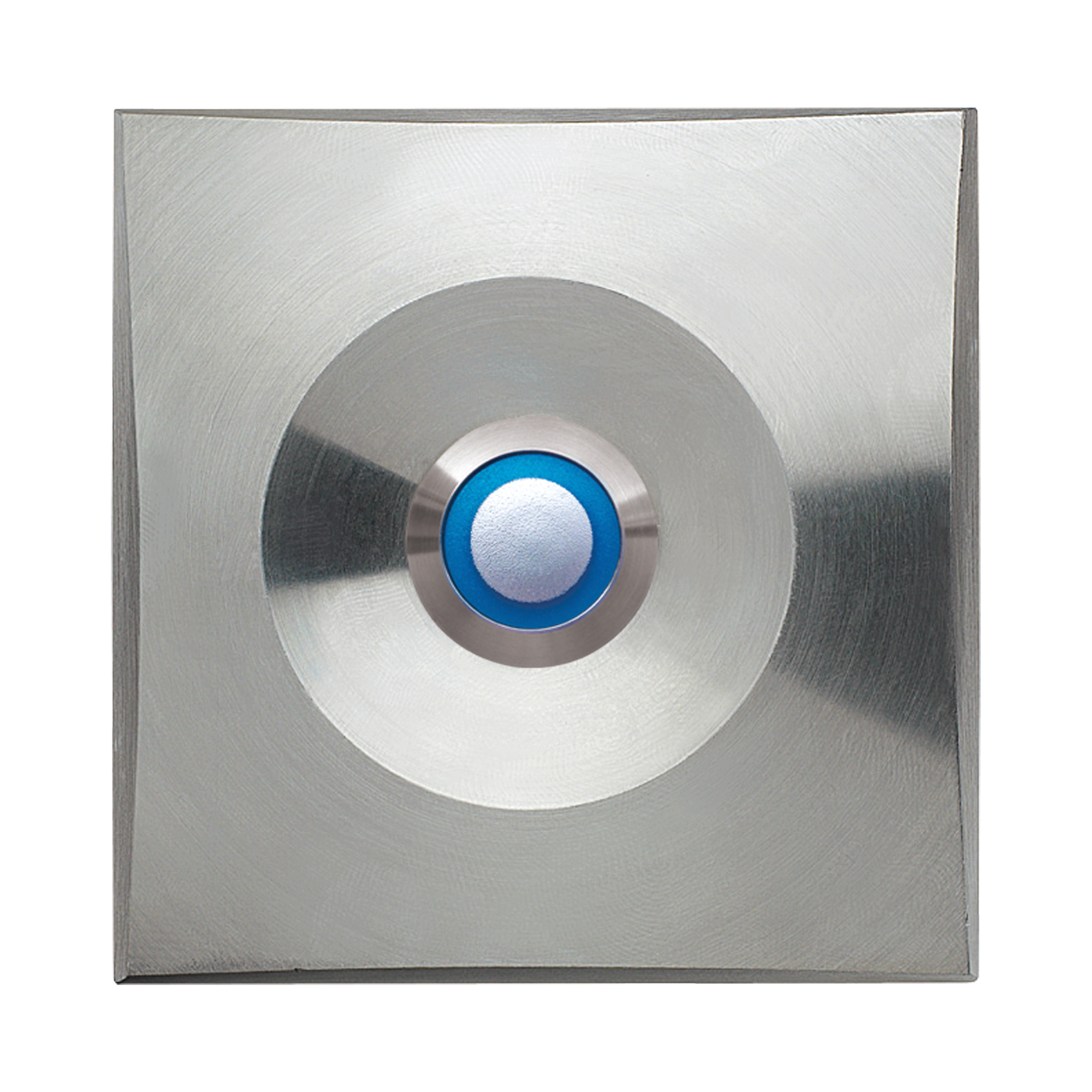 Quadratischer Klingeltaster aus Edelstahl mit zentralem Druckknopf und blau beleuchtetem LED-Ring, frontal aufgenommen.