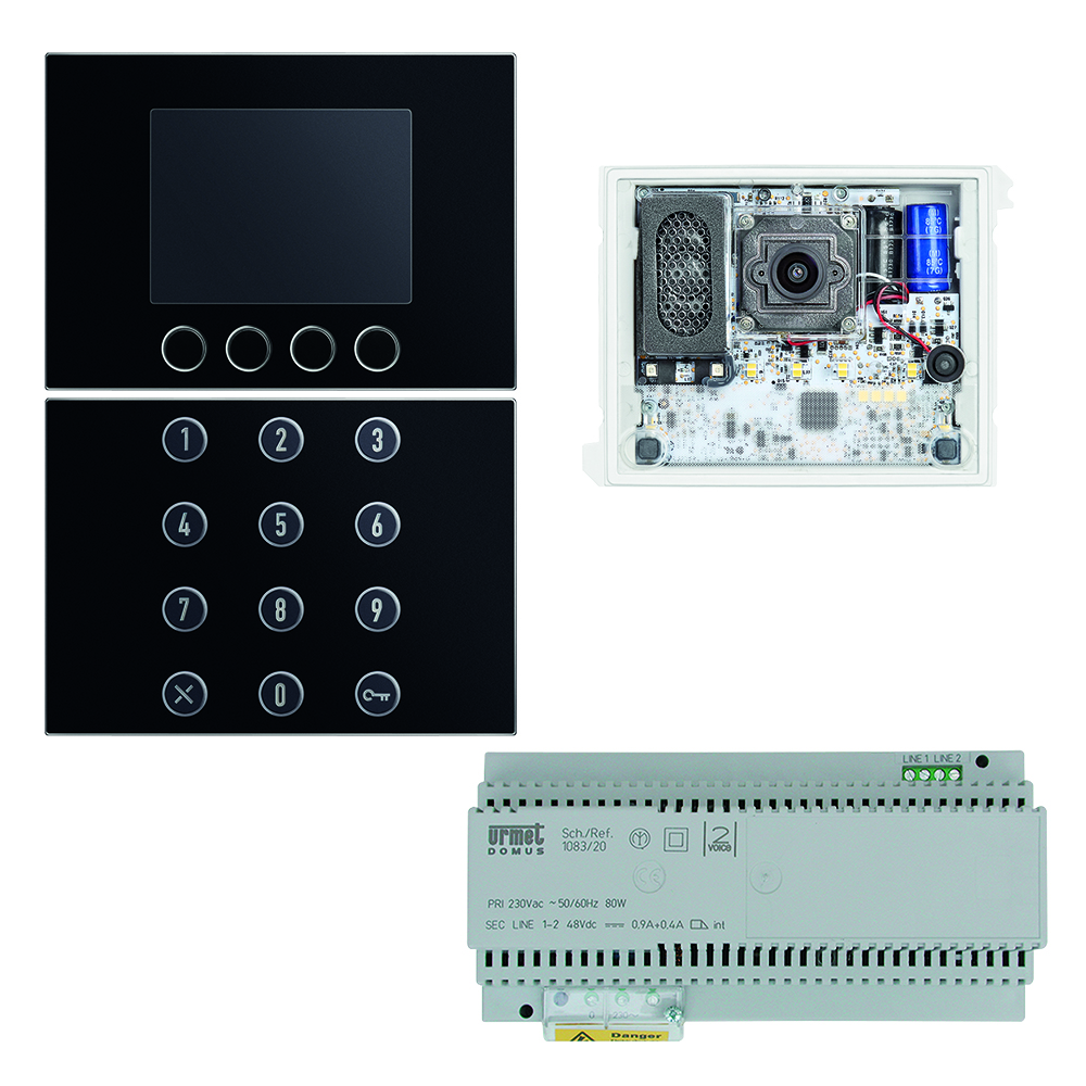 Video-Türlautsprechermodul, schwarzes Display-Modul, numerisches Tastatur-Modul und graues Netzgerät als Komplettset.
