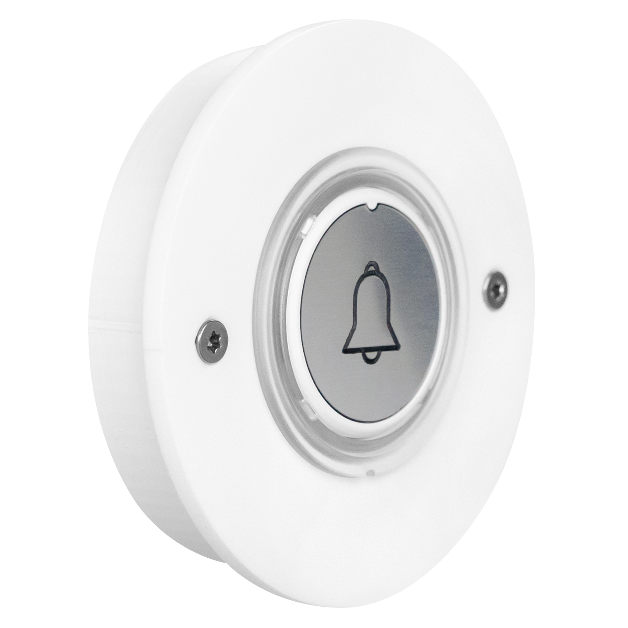 Runder Aufputz-Funksender mit silberner Glockentaste, weißer Abdeckung und zwei sichtbaren Schrauben, Frontalansicht.