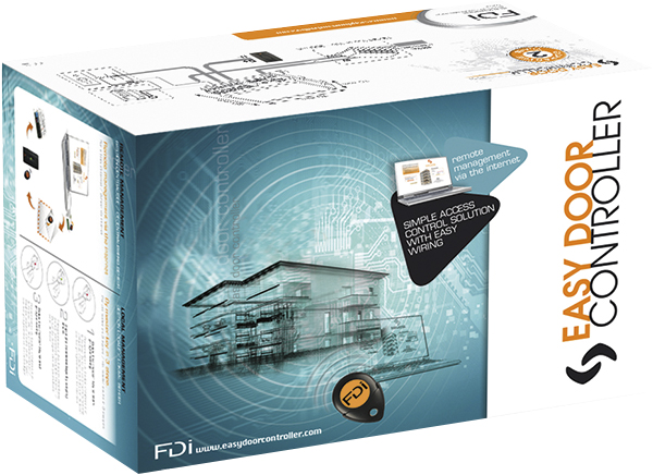 Set mit FDI Easy Door Controller, silbernem Lesegerät und 10 bunten Näherungsschlüsseln in 5 Farben.