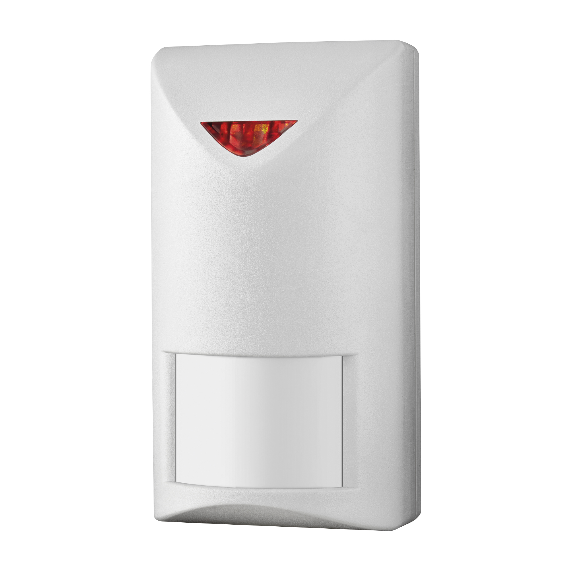 Weißer Bewegungsmelder mit roter LED-Anzeige oben und rechteckigem Sensorfeld unten, anischt rechts
