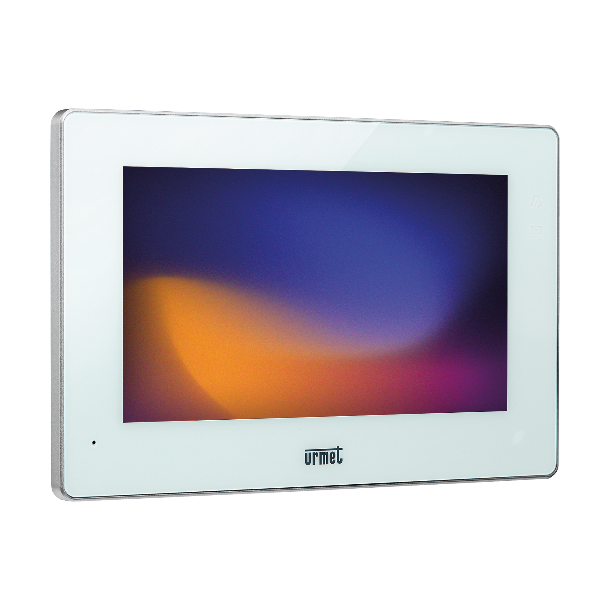 Flacher Videomonitor mit weißer Front, farbigem Display, Urmet-Logo unten und zwei Funktionssymbolen rechts, Frontansicht.