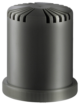 Zylindrischer Schallgeber mit geriffeltem Sockelring und Lüftungsschlitzen am Gehäuse für akustische Signale