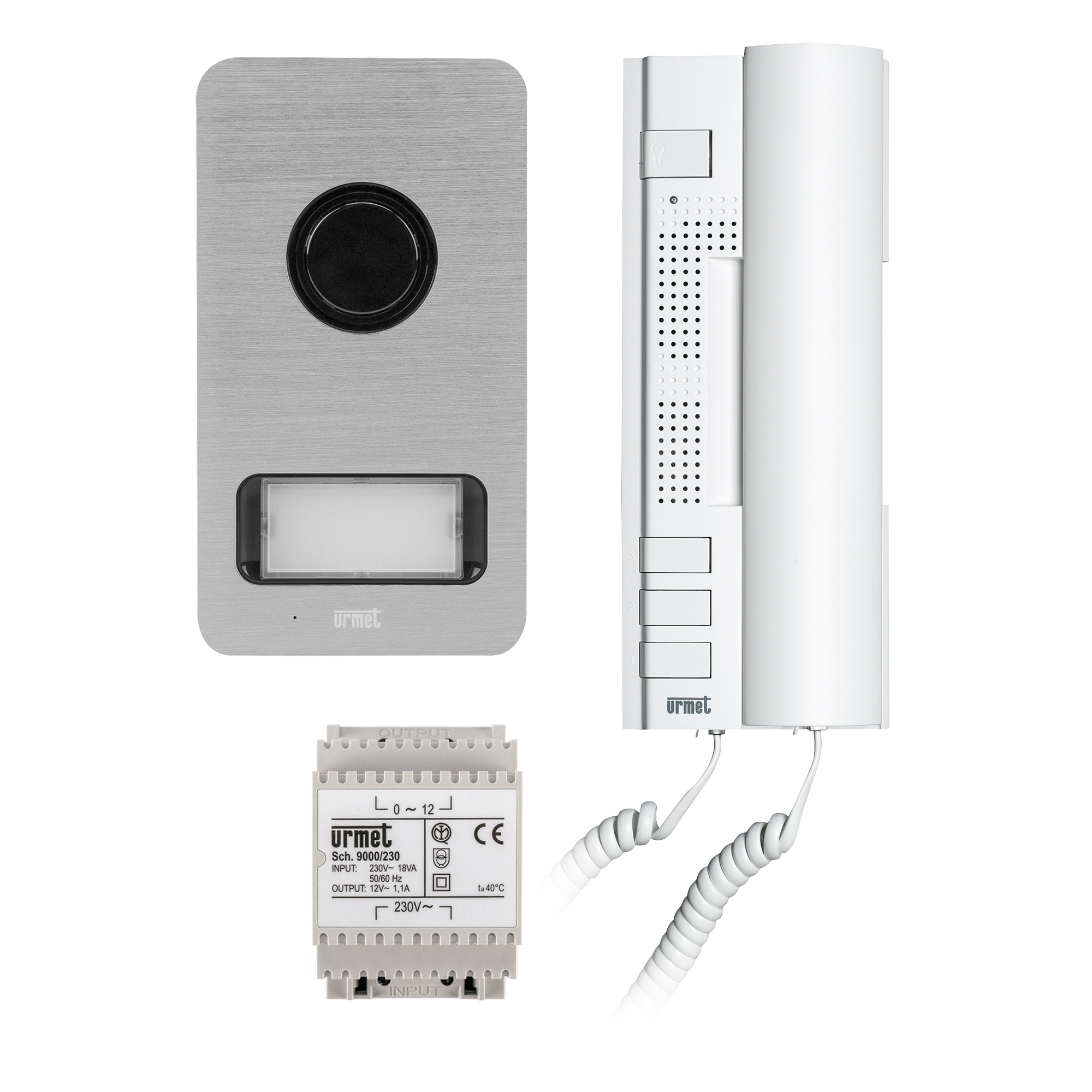 Audio-Sprechanlagen-Set mit Haustelefon, Türstation und Netzgerät, frontal gezeigt.