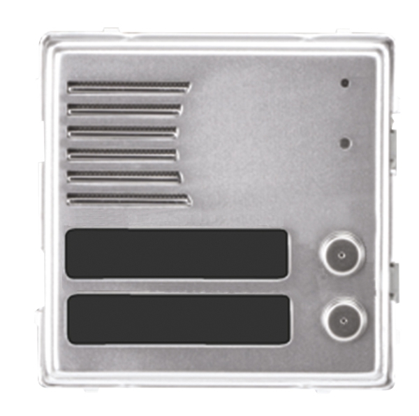 Quadratische silberne Abdeckung für Türlautsprecher, Lautsprecher links, zwei Namensschildfelder und Klingeltaster unten.