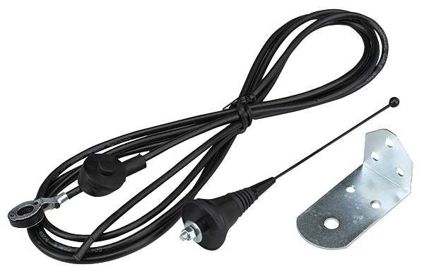 Schwarze EDC-Antenne mit Kabel, Befestigungsschraube und Metallhalterung zur Signalübertragung.