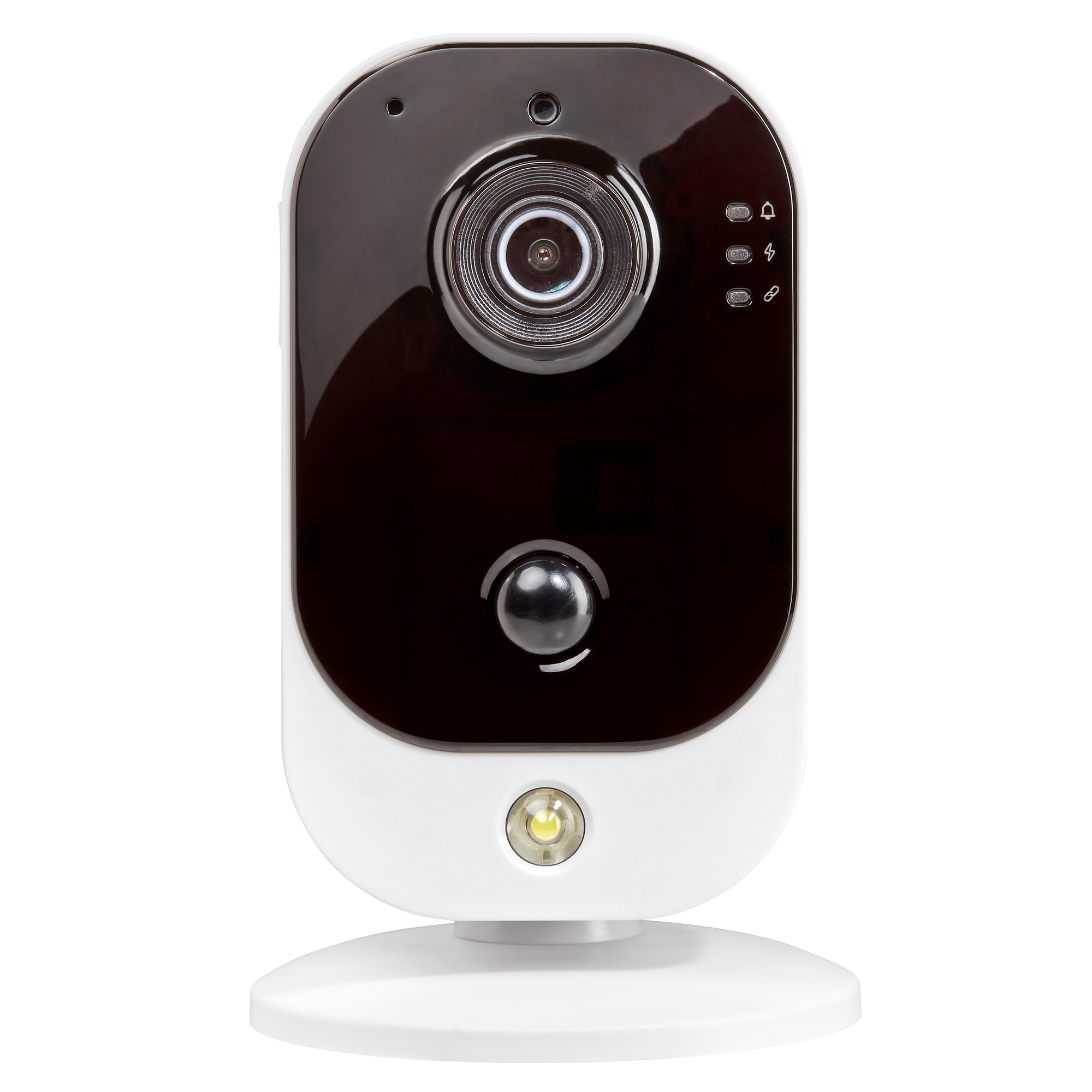 Kompakte Innenkamera mit großem Objektiv, Bewegungssensor und LED-Leuchte, auf rundem Standfuß montiert.