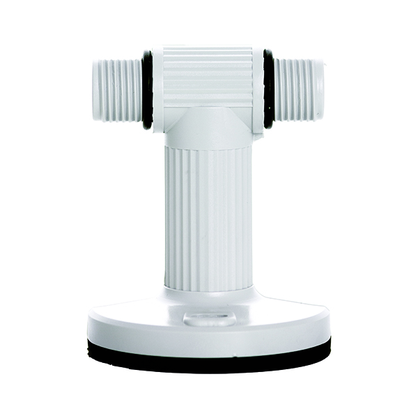 Weißes T-Stück aus Kunststoff mit geriffeltem Mittelteil, zwei seitlichen Gewinden und rundem Sockel zur Boden- oder Wandmontage.