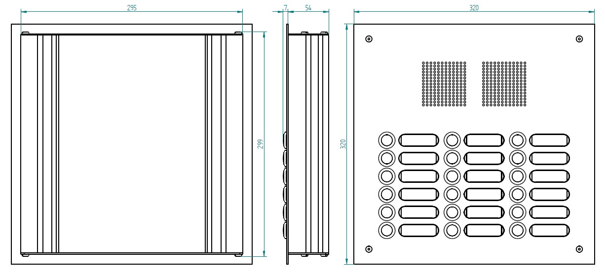 ROBUSTA Aluminium-Türstation mit Namensschildern und Klingelknöpfen in drei Reihen; darüber ist das Lautsprechergitter zu sehen