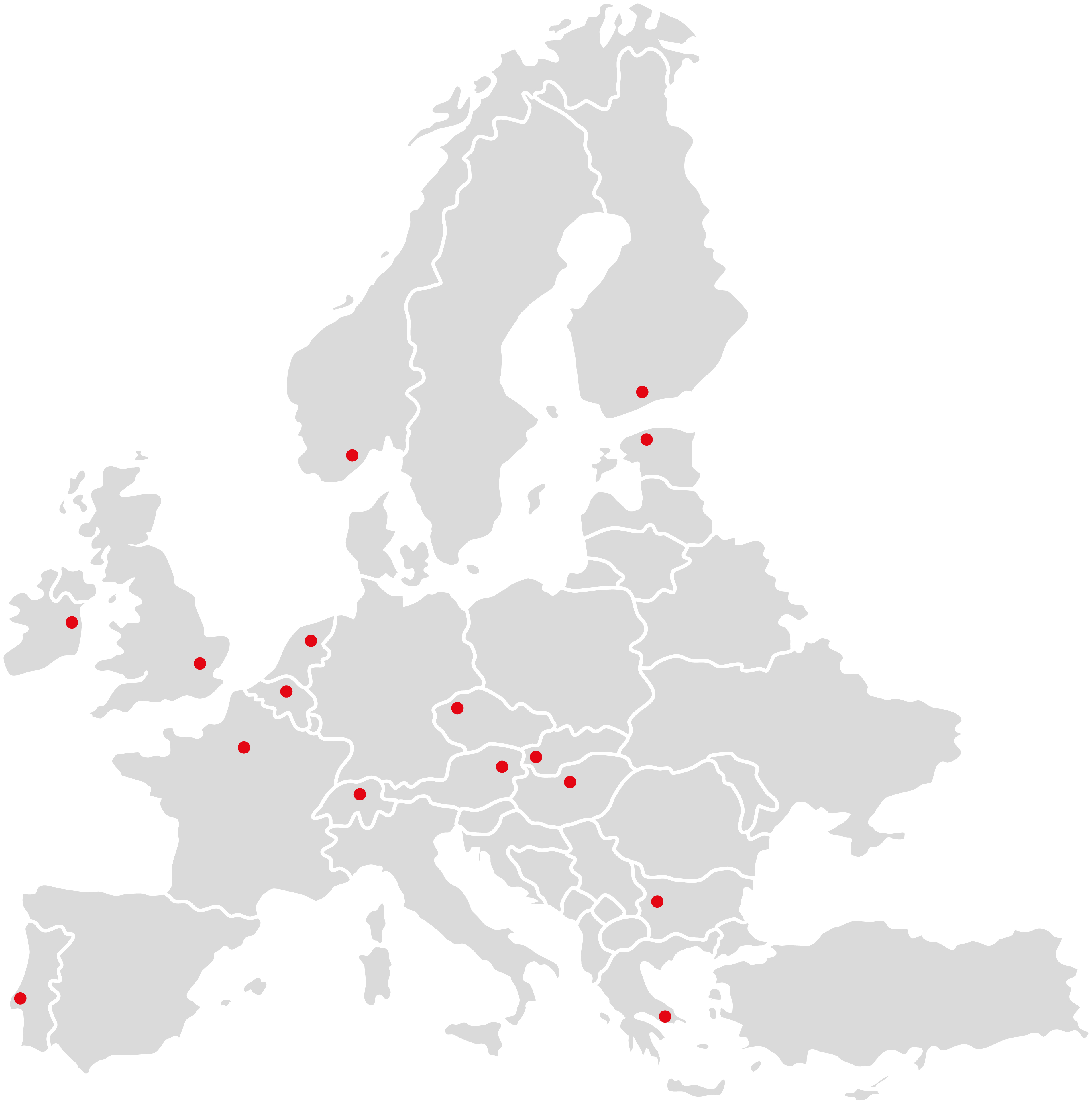 Europa-Karte mit Ortsmarkierungen der Handelsvertretungen
