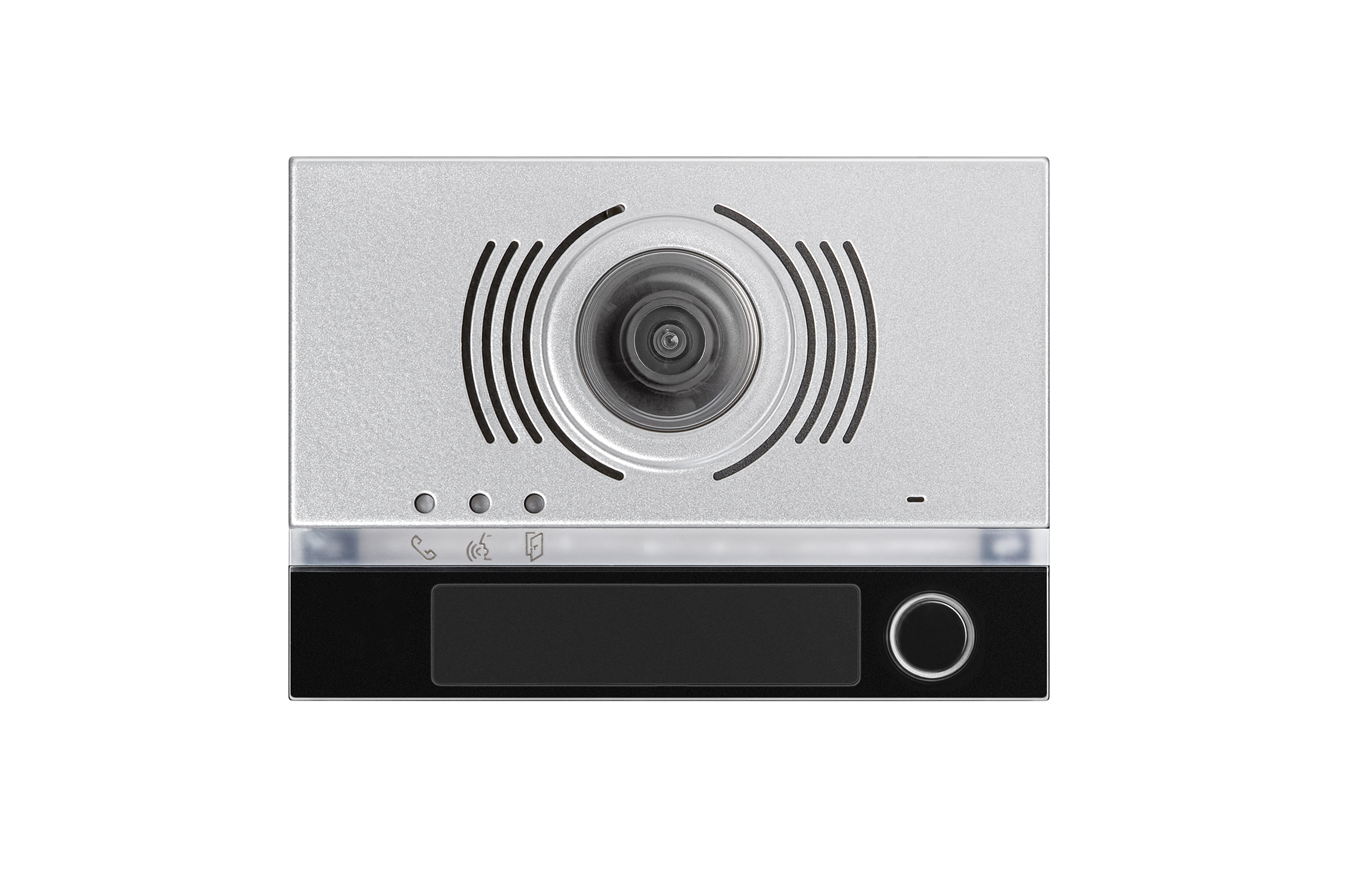 Video-Türlautsprecher-Modul in Silber mit Weitwinkelkamera, schwarzem Unterteil, Namensfeld und Klingeltaste rechts.