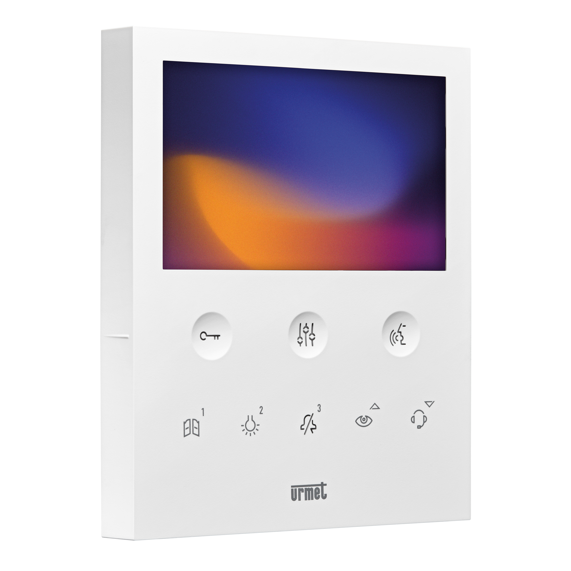 Weißer Videomonitor mit Farbdisplay, drei runden Tasten, acht Bedienelementen und Urmet-Logo, schräge Draufsicht von rechts.