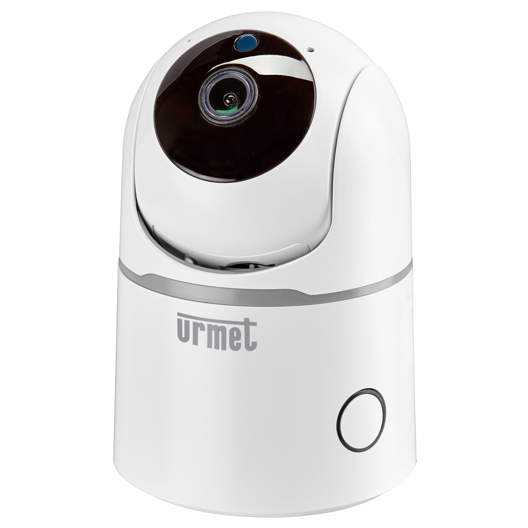 Weiße WLAN-Überwachungskamera mit motorisiertem Schwenk-Neige-Objektiv, frontal leicht schräg aufgenommen, mit sichtbarem Mikrofon und LED-Anzeige.