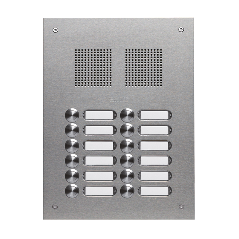 ROBUSTA Edelstahl-Türstation mit Namensschildern und Klingelknöpfen in zwei Reihen; darüber ist das Lautsprechergitter zu sehen