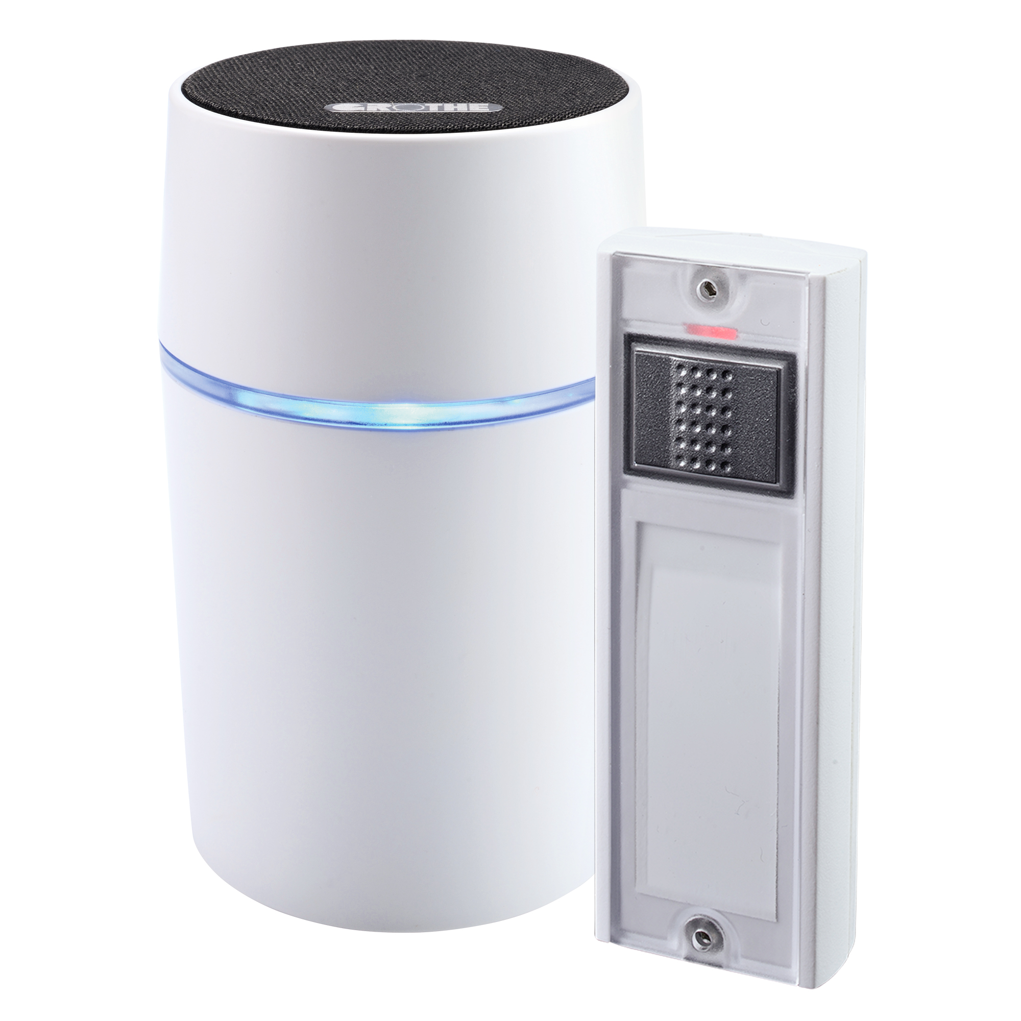 Weißes Funkgong-Set mit rundem Gong, schwarzer Oberseite, blauer LED-Leuchte und weißem Funk-Taster, schräg von vorn gezeigt.