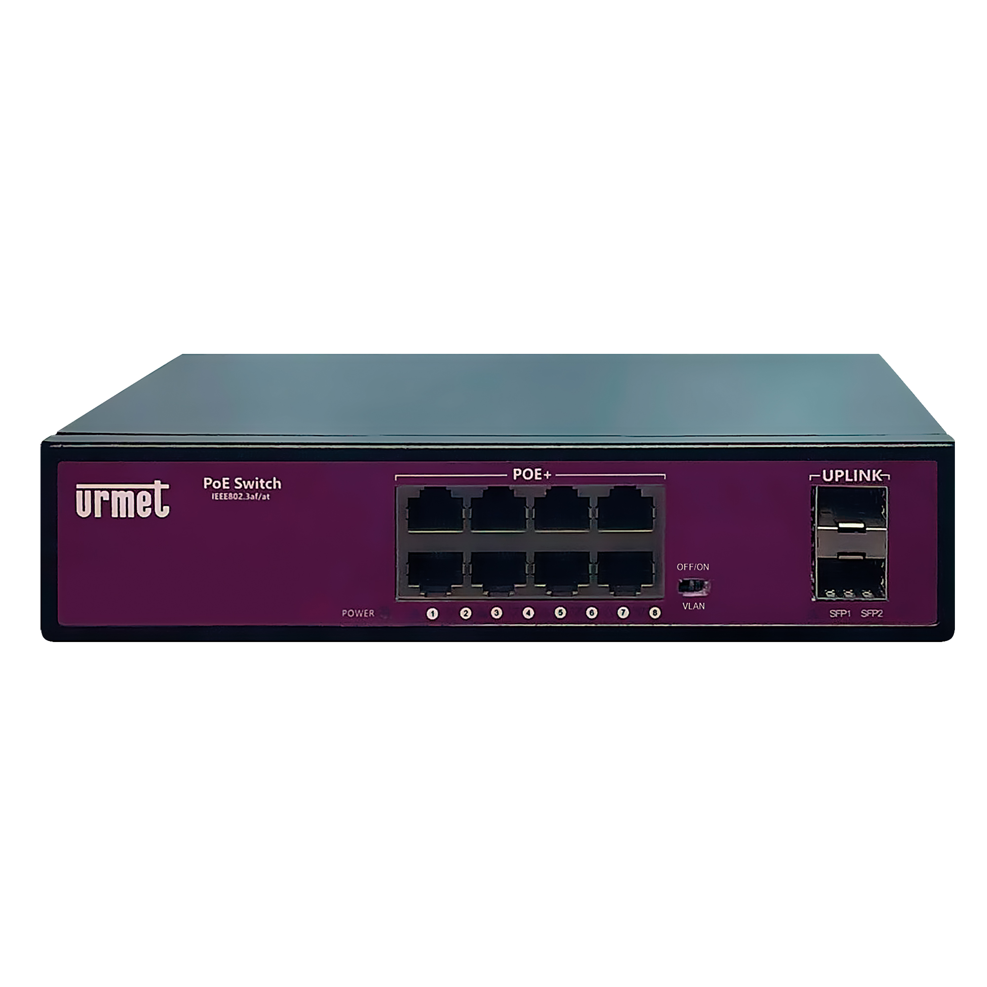 PoE+-Switch mit 8 Ethernet-Ports und 2 SFP-Uplink-Slots, Vorderansicht mit LED-Anzeigen und violetter Front