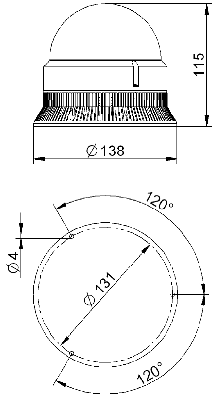Blitzleuchte mit glatter rotfarbiger Kuppel auf geriffeltem schwarzem Sockel