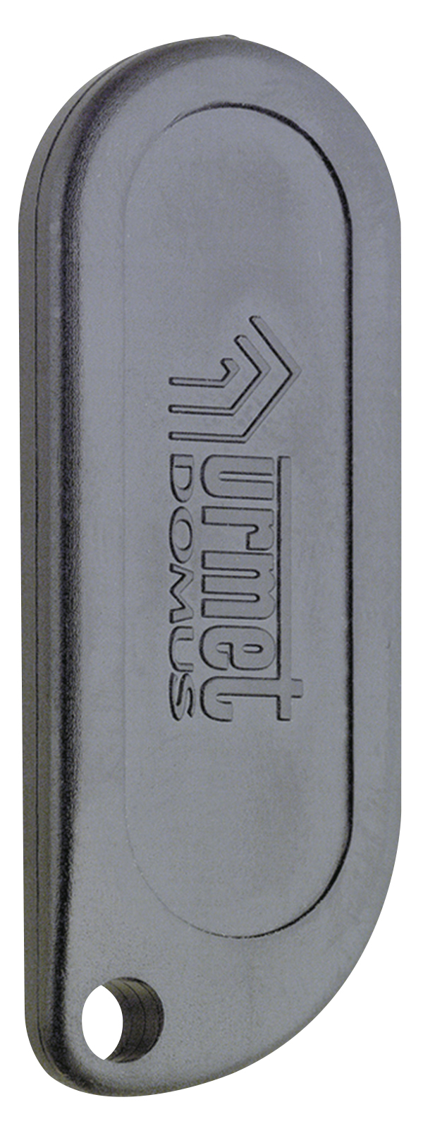 Schwarzer Näherungsschlüssel aus Kunststoff mit Urmet-Logo und Bohrung zur Befestigung.