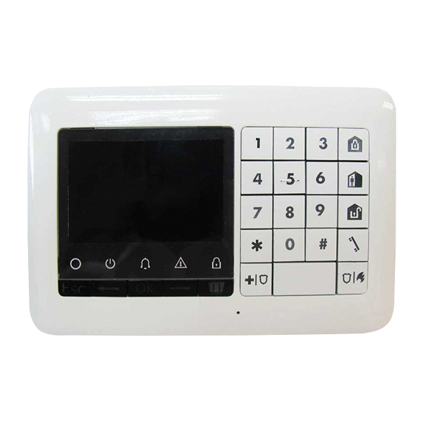 Weißes LCD-Tastenfeld mit Display und Bedientasten zur Steuerung eines Sicherheitssystems.