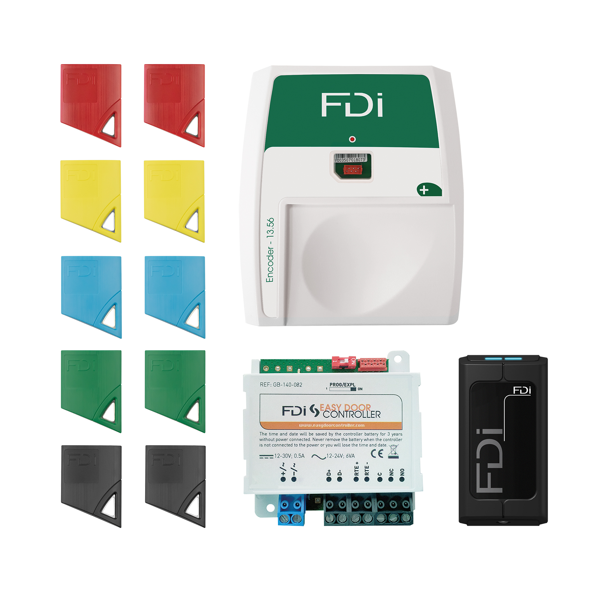 Set mit FDI Encoder, Easy Door Controller, schwarzem Lesegerät und zehn farbigen Näherungsschlüsseln in fünf Farben.