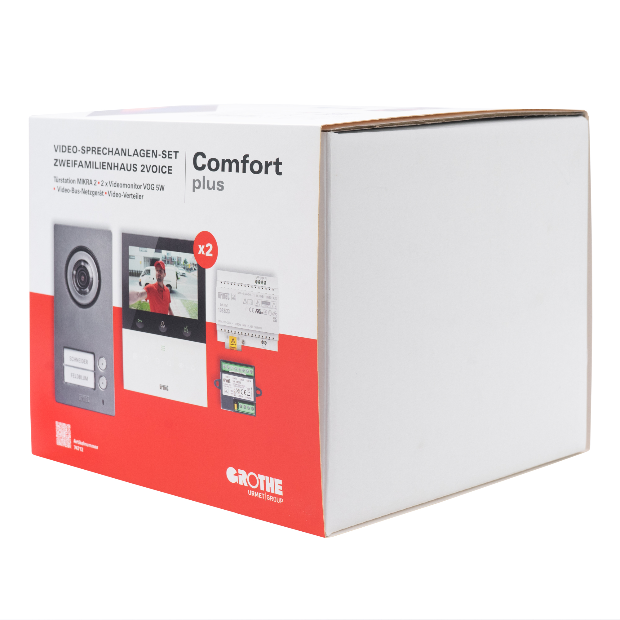 Verpackung des Comfort Plus Video-Sprechanlagen-Sets für Zweifamilienhäuser mit Türstation, Monitoren und Zubehör.