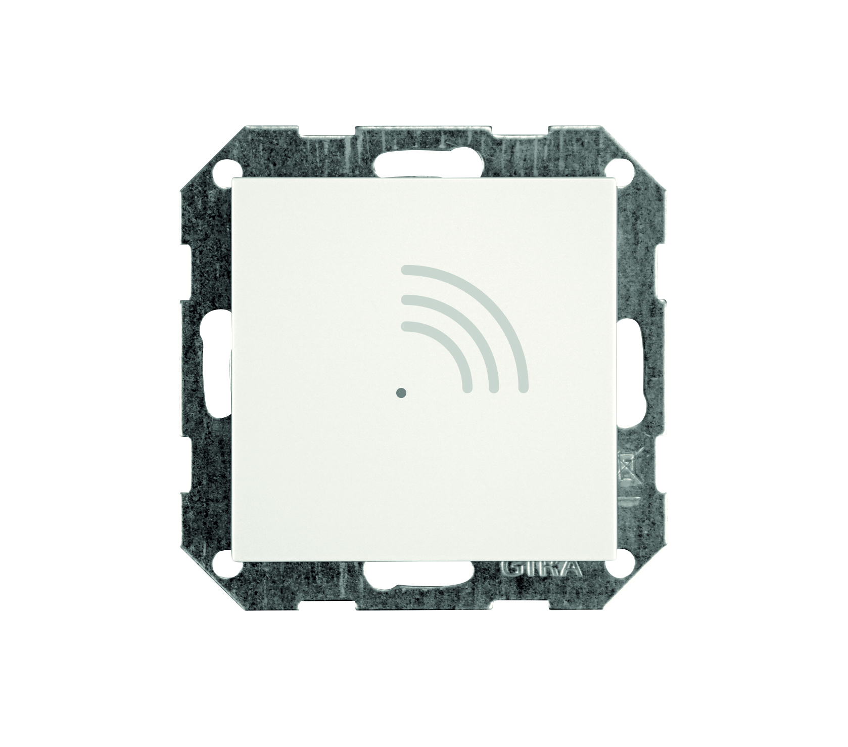 Weißes RFID-Lesegerät im quadratischen Design mit Funkwellen-Symbol und zentraler LED, montiert in Metallrahmen.