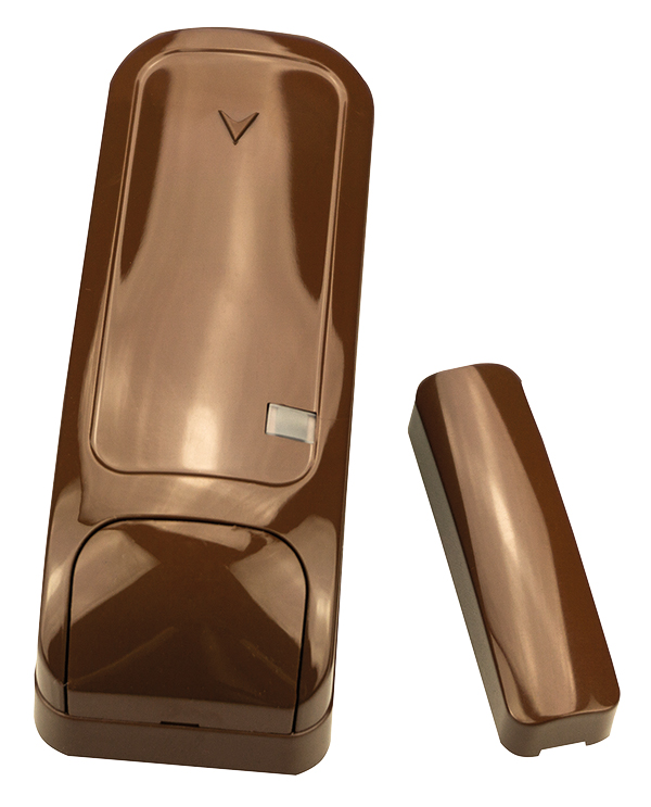 Brauner Öffnungsmelder mit rechteckigem Hauptsensor und kleinerem Magnetkontakt zur Tür- oder Fensterüberwachung.