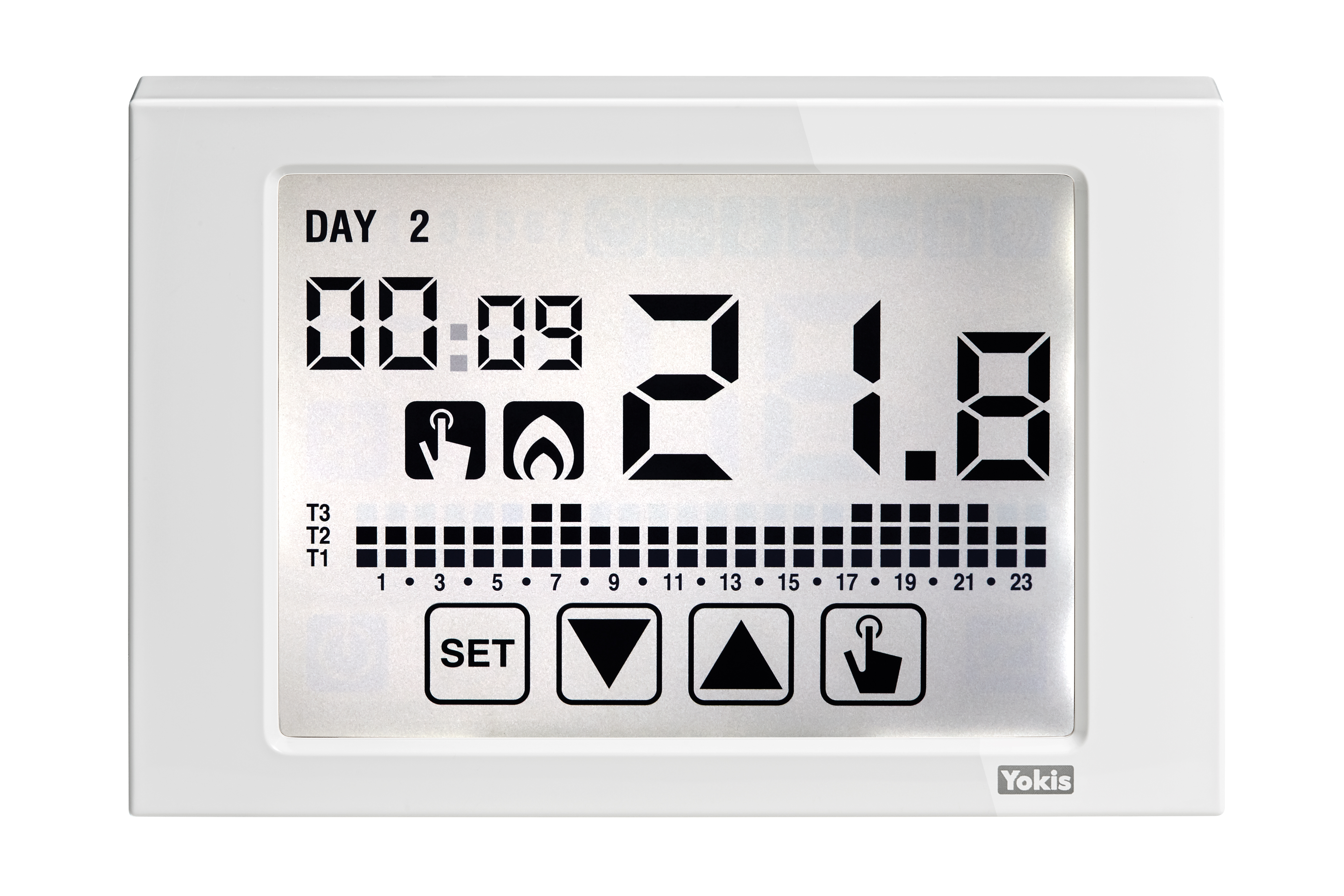 Weißes Raumthermostat mit LCD-Anzeige, Temperaturanzeige, Zeit, Heizsymbol und vier digitalen Bedientasten.