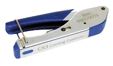 Kompakte Presszange mit blauem Griff, silbernem Metallkörper und Verriegelungsbügel zum Verpressen von Steckverbindern