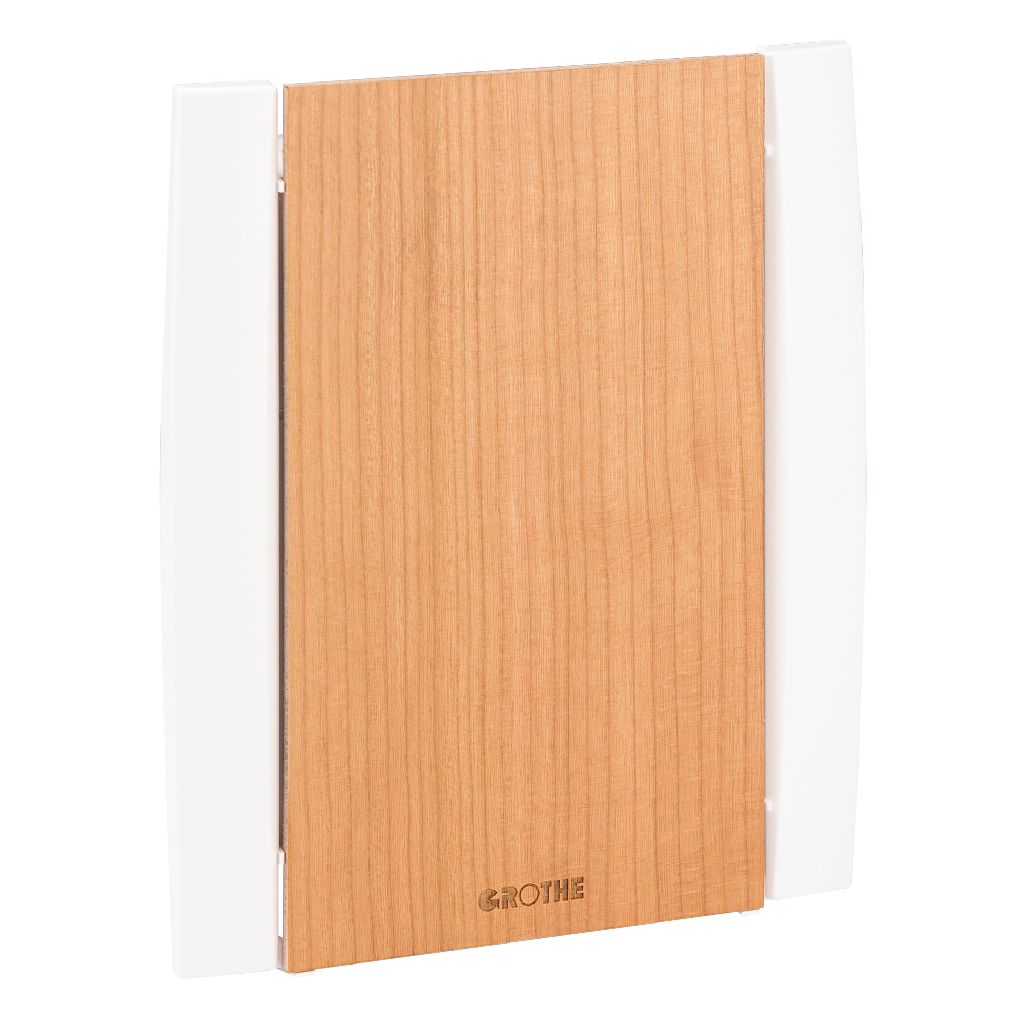 Elektronischer Gong mit glatter Echtholzfurnier-Front in Kirschoptik, seitlichen weißen Elementen und Grothe-Logo.